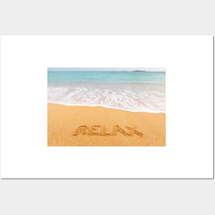 Inscription "RELAX" made on beautiful beach by the blue sea Posters and Art